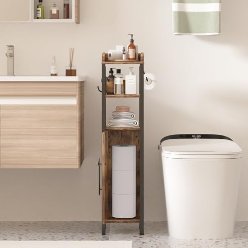 VECELO Small Bathroom Cabinet, Slim Toilet Paper Holder with Door&2 Shelves Metal Racks, Narrow Storage Organizers, Free Standing Farmhouse Style for Bathroom Restroom Tiny Space,Dark Brown