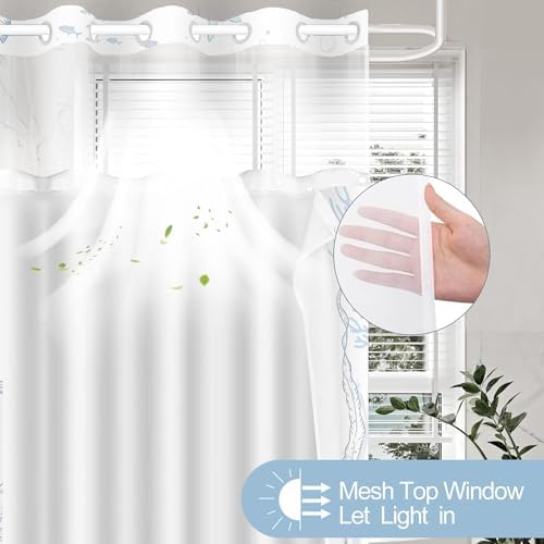 No Hook Shower Curtain and Liner Set for Bathroom, Blue Beach Coastal 71x74