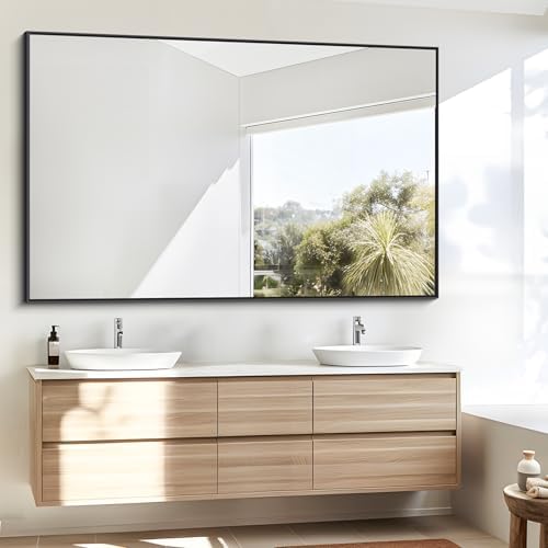 BONEWEI Bathroom Mirror,55x36 inch Large Wall Mirror for Bathroom Wall Mounted Black Rectangle Corner Mirrors,Black Bathroom Mirror for Living Room,Farmhouse,Bedroom Entryway,Horizontal/Vertical