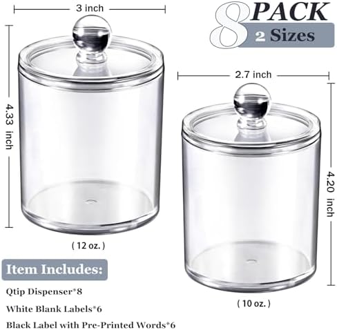 SheeChung 8 Pack Acrylic Qtip Holder with Labels, Qtip Jars for Bathroom