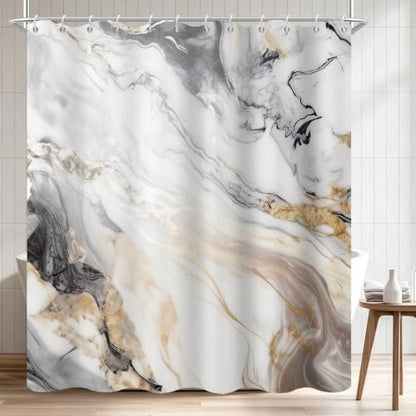 Beige Marble Shower Curtain Modern Abstract Luxury Gold Ink Texture Gray Ombre Watercolor Bathroom Curtain Set with Hooks Soft and Lightweight Waterproof Fabric Machine Washable 72" Wx72 L
