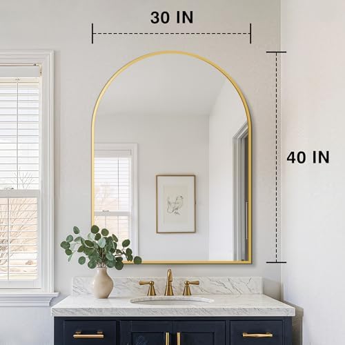 FICTOR 30" x 40" Arched Bathroom Vanity Mirror for Over Sink, Gold