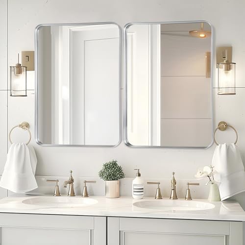 Silver Bathroom Vanity Mirror Over Sink 24x30, Wall Mounted Chrome Mirror