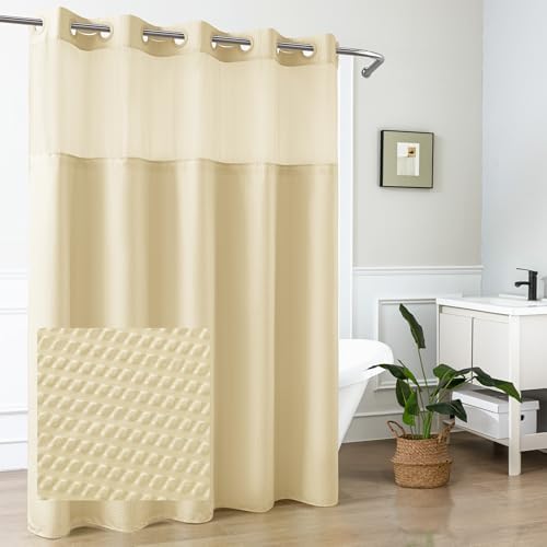 Mrs Awesome No Hook Shower Curtain with Snap-in Fabric Liner 71x74, Beige
