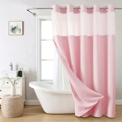 eachope No Hook Linen Texture Shower Curtain with Snap-in Liner,71x86 Pink