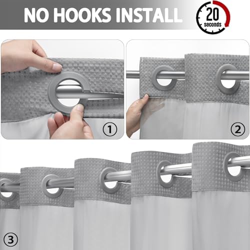 No Hook Shower Curtain with Liner Set Hotel Waffle Curtain Grey 60W X 75L