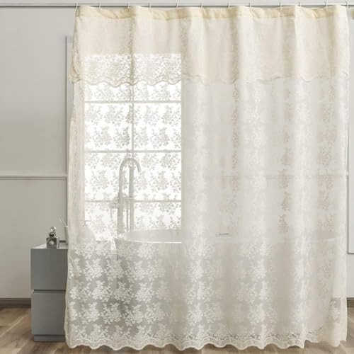 Ivory Extra Wide Shower Curtain 102x84, French Lace with Attached Valance
