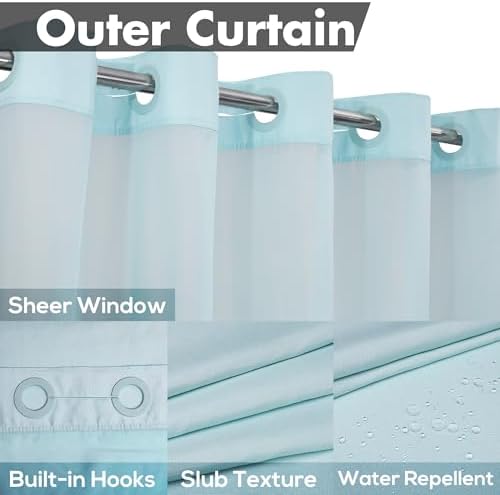 River Dream Extra Long No Hook Shower Curtain with Snap-in Liner, Blue