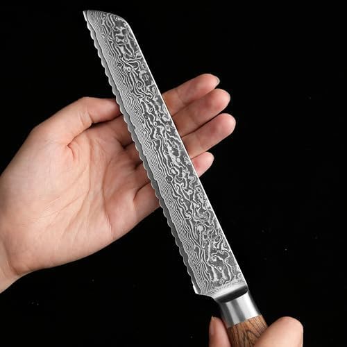 Wakoli EDIB Pro Premium Damascus Bread Knife – Japanese Style Kitchen Knife | 7.9-Inch Blade Made of 67-Layer Damascus Steel with Corrugated Polished Blade | Ergonomic Pakkawood Handle
