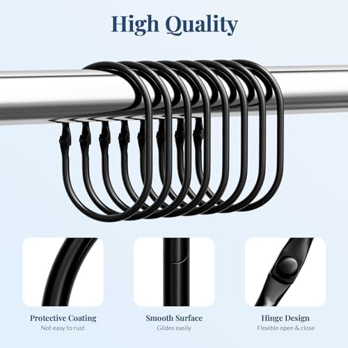 Bathway Shower Curtain Rings, Bathway Shower Curtain Hooks, Black Shower Curtain Hooks Rings Rust Proof, Anti-Drop Smooth Shower Rings for Curtain, 12 Pcs Metal Shower Hooks for Shower Curtain Rod