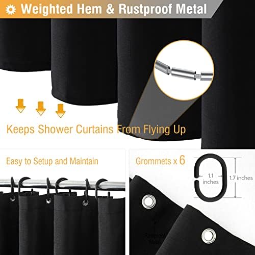 BTTN Stall Linen Textured Waterproof Cloth Shower Curtain Set, 36x72, Black