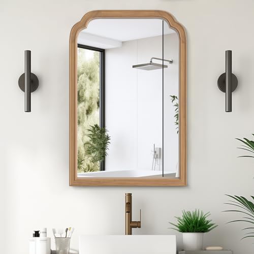 WallBeyond Wood Frame Wall Mirror Rounded Corner Arch Rectangle Mirror for Entryway, Living Room or Bedroom Home Decor - Light Woodgrain [20" x 30" Honey-Colored]