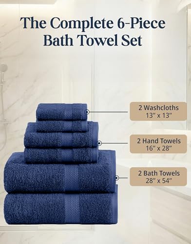 LANE LINEN Bath Towel Set Absorbent Quick Dry 100% Cotton 6 Piece - Navy