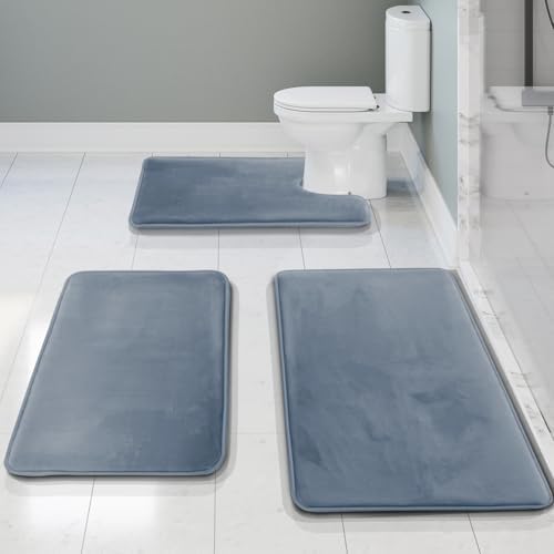 Clara Clark 3 Piece Bathroom Rugs, Velvet Memory Foam Bath Mat Set, Non-Slip Bath Rugs, Machine Wash, Dries Quickly, Ultra Soft Plush Bath Mats for Bathroom, 17 x 24/20 x 32 / Contour, Stone Blue