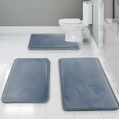 Clara Clark 3 Piece Bathroom Rugs, Velvet Memory Foam Bath Mat Set, Non-Slip Bath Rugs, Machine Wash, Dries Quickly, Ultra Soft Plush Bath Mats for Bathroom, 17 x 24/20 x 32 / Contour, Stone Blue