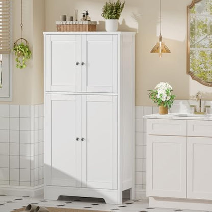 TEENFON Bathroom Floor Storage Cabinet, Freestanding Bathroom Storage Unit with 2 Adjustable Shelves & 4 Doors, White