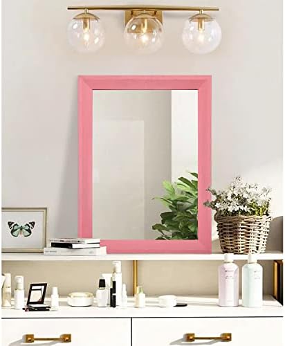 AAZZKANG Rectangle Mirror with Wood Frame Modern Farmhouse Wall Mirrors Decor Large 20"x16" for Bedroom Bathroom Living Room Pink
