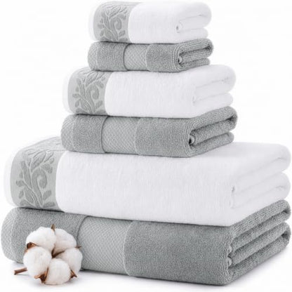 Modern Threads 6 Piece Bath Towel Set – Bathroom Towel Set with 2 Bath Towels, 2 Hand Towels & 2 Washcloths – 100% Cotton, Soft & Absorbent – Jacquard Border (Silver)