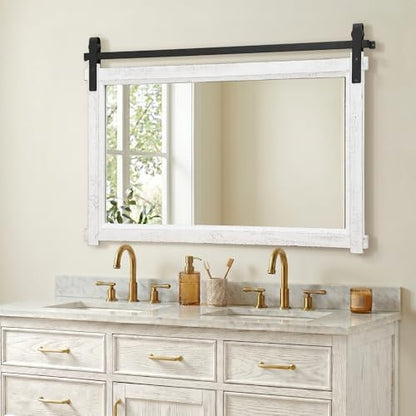 Besdomus Farmhouse Bathroom Vanity Mirror: 42"x28" White Rustic Barn Door