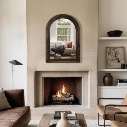 Arched Bathroom Mirror, 40"x28" Brown Wood Frame Wall Mirror