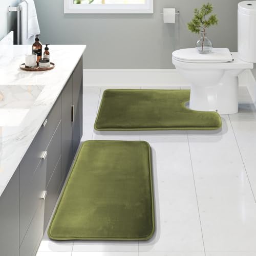Clara Clark 2 Piece Bathroom Rugs, Velvet Memory Foam Bath Mat Set, Non-Slip Bath Rugs, Machine Wash, Dries Quickly, Ultra Soft Plush Bath Mats for Bathroom, 17 x 24 + Contour, Sage Green