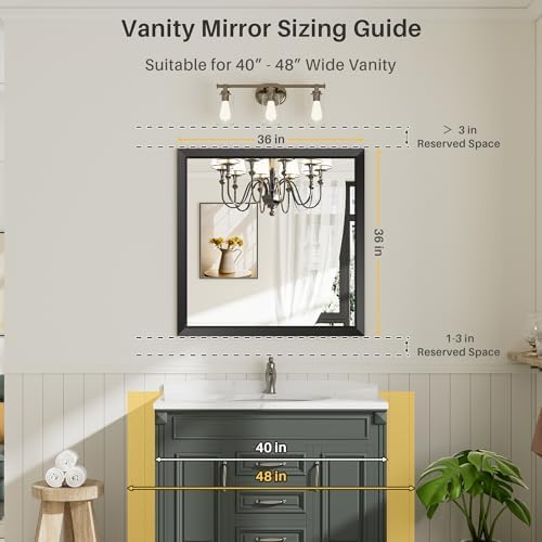 Briivue Black Metal Framed Bathroom Wall Mirror, 36x36 Inch