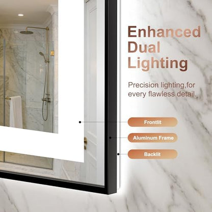 LED Bathroom Mirror with Lights, 30"x55" Black Framed Lighted Vanity Mirror