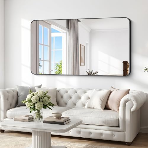 BONEWEI 72x40 inch Large Bathroom Mirror,Black Rectangle Mirror,Wall Mounted Bathroom Frame Vanity Mirror with Round Corner for Bedroom Living Room, Entryway Hangs Horizontal or Vertical