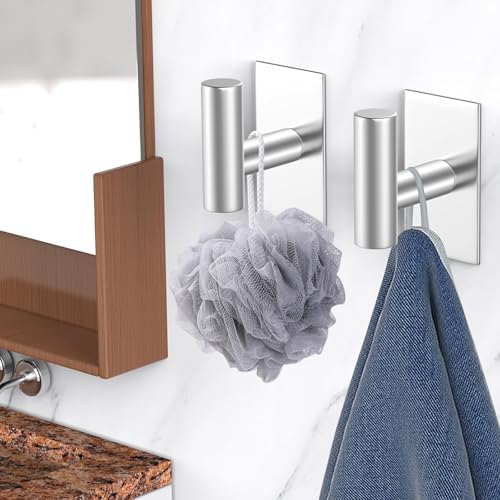 VAEHOLD Wall Towel Hooks, Heavy Duty Sticky Holder Waterproof Towel Hooks for Hanging Coat, Clothes, Closet Hook Wall Mount for Kitchen (Silver, 8 Pack)