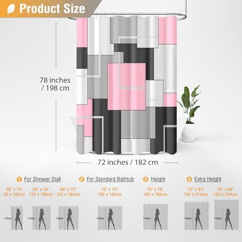 BTTN 72 x 78 Long Modern Geometric Waterproof Fabric Shower Curtain, Pink