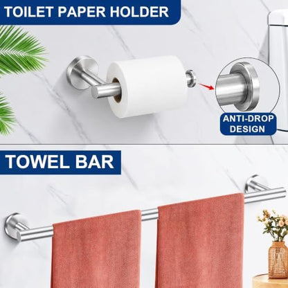 5 Pieces Bathroom Hardware Accessories Set Brushed Nickel, 24Inch Round Towel Racks Set for Bathroom, SUS304 Stainless Steel Towel Bar Set,Toilet Paper Holder Wall Mounted