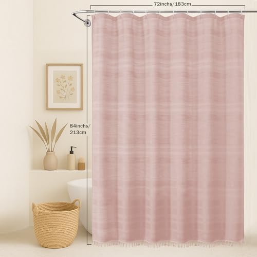 OVZME Extra Long Boho Shower Curtain 84 Inch Long, Modern Farmhouse Heavy Duty Linen Textured Soft Fabric, Rustic Country Cloth Shower Curtain with Tassel for Bathroom Hotel, 72Wx84L, Pink