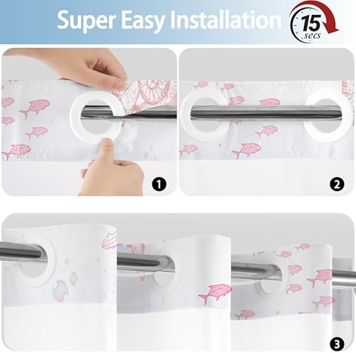 No Hook Shower Curtain and Liner Set, Blue Pink Beach Coastal 71x74