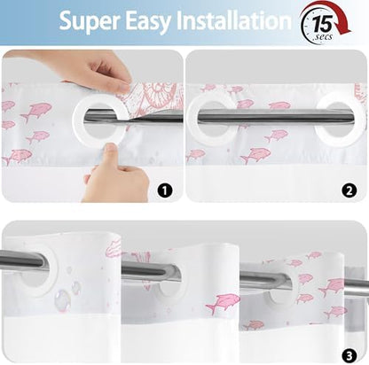 No Hook Shower Curtain and Liner Set, Blue Pink Beach Coastal 71x74
