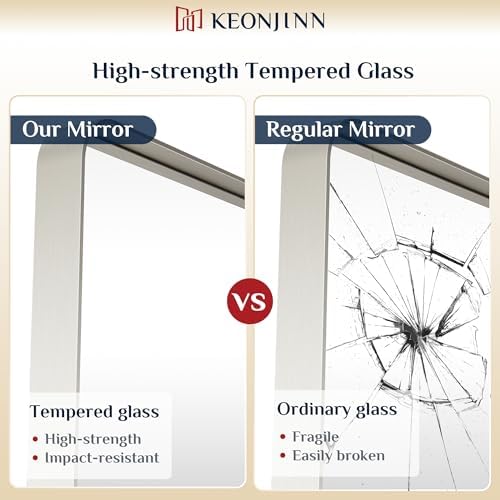Keonjinn 28 x 36 Inch Brushed Nickel Bathroom Mirror, Tempered Glass