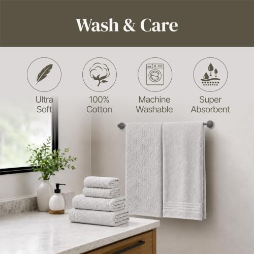 Modern Threads 6 Piece Bath Towel Set – Bathroom Towel Set with 2 Bath Towels, 2 Hand Towels & 2 Washcloths – 100% Cotton, Soft & Absorbent – Geometric (Silver Cloud)