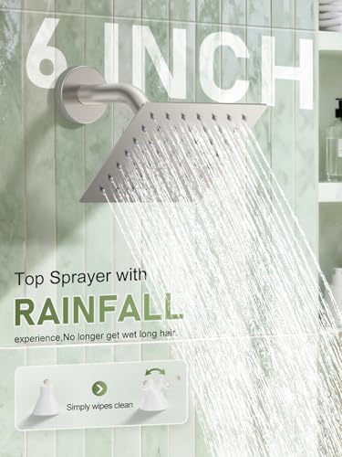 Woindo Shower Faucet Set, 10" Ceiling Mount Rainfall Shower System with 2 Rain Shower Head and Multi-function Handheld Head Push Button Diverter Shower Faucet Trim Kit