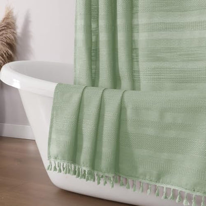 OVZME Light Green Shower Curtain for Bathroom, Boho Linen Textured Shower Curtain with Tassel, Rustic Striped Heavy Duty Vintage Country Bathroom Curtain, 72Wx72L Inches