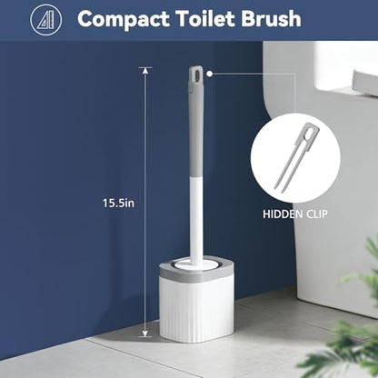 Toilet Brush, 2 Pack Compact Toilet Bowl Brush and Holder Set with Nylon Bristles Toilet Cleaner Brush Hidden Toilet Scrubber Brush for Bathroom Cleaning, Grey & White