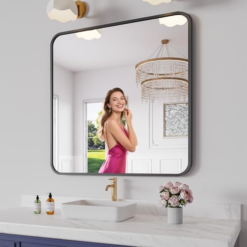 Koonmi Bathroom Mirror, 36X36 Brushed Black Metal Framed Wall-Mounted Mirror for Over Sink, HD Tempered Glass, Anti-Rust, Rounded Rectangle Mirror for Restroom, Bedroom, Hangs Horizontal or Vertical