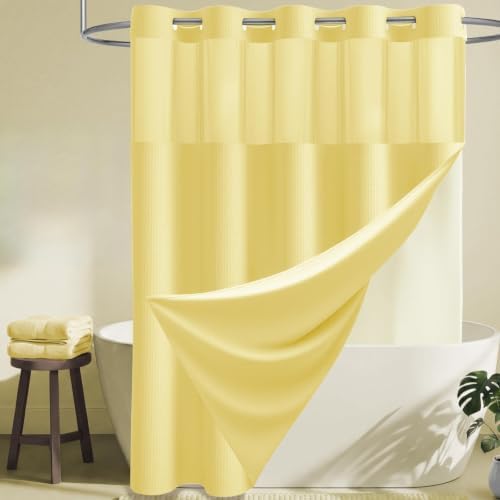 Dynamene Yellow Hook Free Waffle Shower Curtain & Snap Fabric Liner,72x99