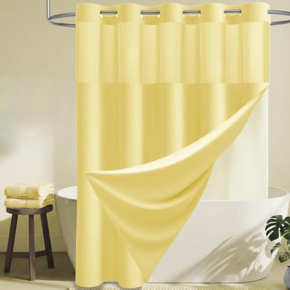 Dynamene Yellow Hook Free Waffle Shower Curtain & Snap Fabric Liner,72x99