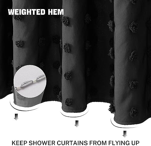 Siiluminisoy Extra Long Black Boho Shower Curtain Woven Fabric Cute Shower Curtain, 72 x 78 Tufted Pleat Floral Textured Modern Farmhouse Minimalist Shower Curtain Set with Hooks for Bathroom