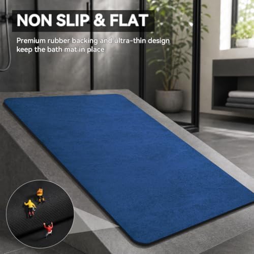 MontVoo -Bath Mat Rug-Rubber Backing Non Slip Quick Dry Absorbent Thin Bathroom Rugs Fit Under Door-Faux Suede Surface Bathroom Floor Mats-Shower Rug for in Front of Bathtub Shower Royal Blue 16"x24"