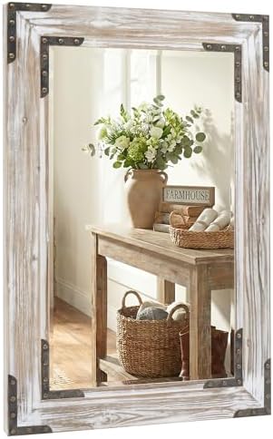 Distressed White 24x36 Inch Wood Bathroom Vanity Mirror, Rivets