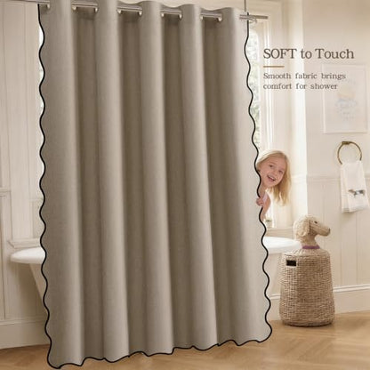 Furlinic No Hook Scalloped Greige Linen Shower Curtain Waterproof 72x78