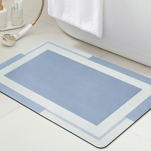 ACCUMTEK Non Slip Bath Mat, Thin Bathroom Rugs Fit Under Door, Quick Dry Bath Mats, Machine Washable Bath Rugs for Bathroom, Bathtub & Kitchen, Bathtub & Kitchen, Blue/Bordered/32 x20