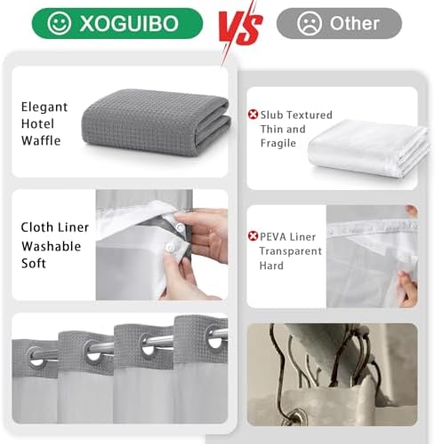 No Hook Shower Curtain with Liner Set Hotel Waffle Curtain Grey 60W X 75L