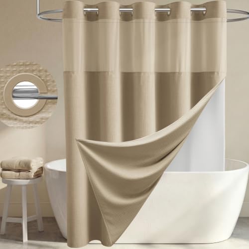 Dynamene Beige Hook Free Waffle Shower Curtain & Snap-in Fabric Liner,36x75