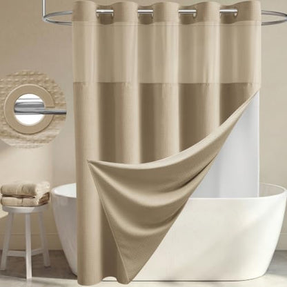 Dynamene Beige Hook Free Waffle Shower Curtain & Snap-in Fabric Liner,36x75
